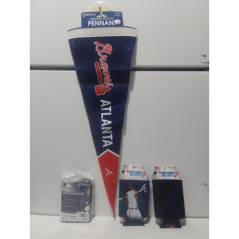 Atlanta Braves MLB 8.5 in X 24 in Pennant, Poncho And 2 Can Coolers Acuna Jr New